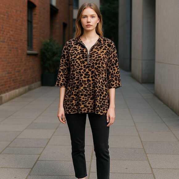 Animal print roll-up Zipper front Top - Picture 1 of 7